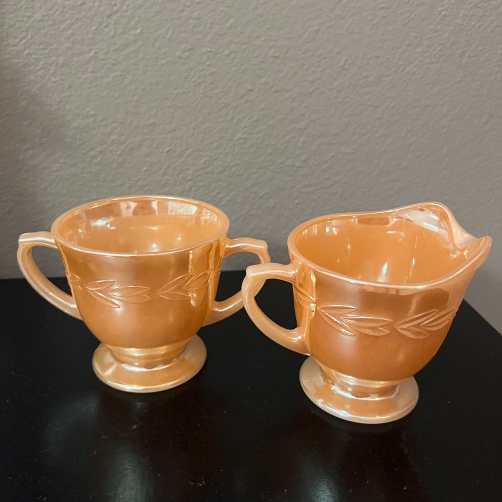 Vintage 1950s Fire King Laurel Wreath Peach Lusterware Sugar Bowl and Creamer
